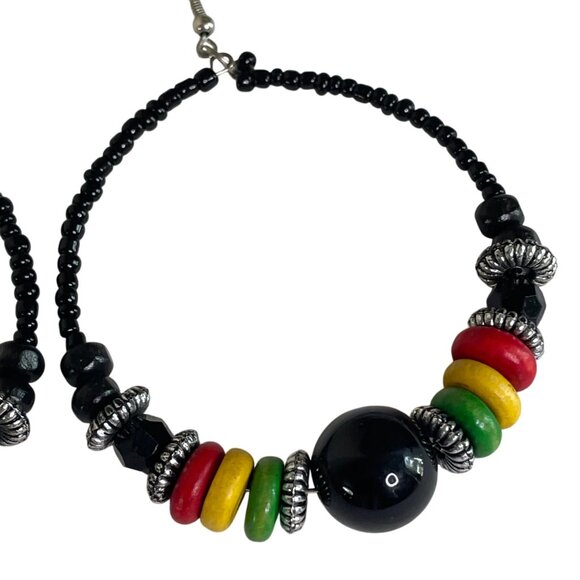 Jamaican Rasta Beaded Hoop Earrings Black Beads Red Yellow Green Accents u - Picture 4 of 4